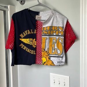 2 tee toned cropped shirt with red fish net accents